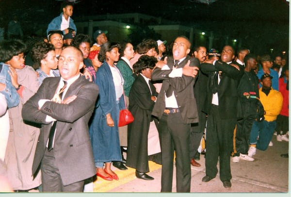 Ernie Suggs (middle) and two of his Alpha Phi Alpha line brothers, Ronald Brinson (left) and Donald Mason (right), on Feb. 1, 1989, the night "The Prophets of Rage" made their debut on the campus of North Carolina Central University. 