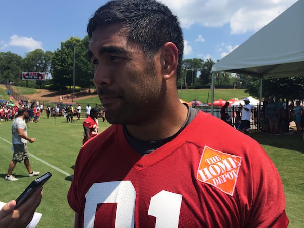 Falcons tight end Tony Moeaki after minicamp practice on Wednesday, July 17, 2015. (D. Orlando Ledbetter/Dledbetter@ajc.com)