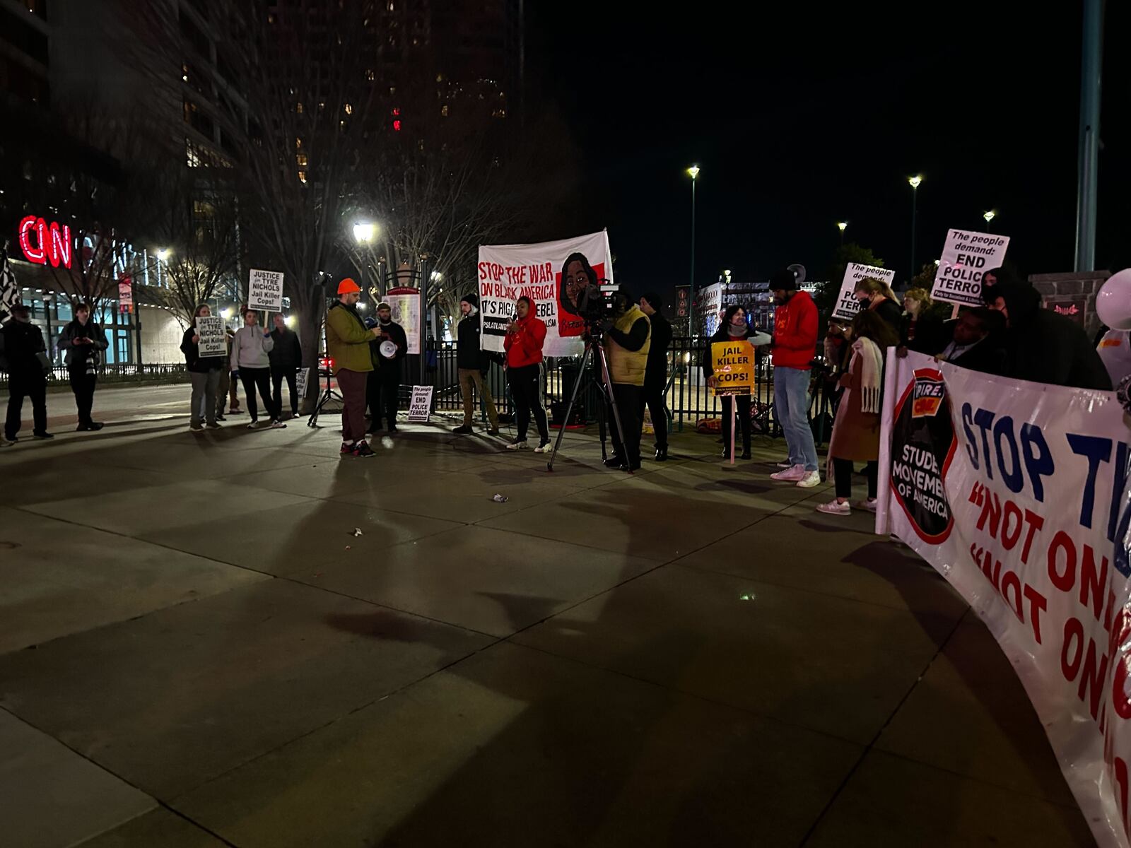 A group of dozens gathered in downtown Atlanta by 8:15 p.m. Friday to protest the killing of Tyre Nichols.