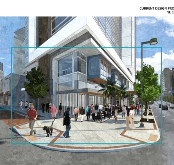 A drawing of the proposed 21-story Margaritaville, topped by 200-plus condo units, at the corner of Centennial Olympic Parkway and Nassau Street. The building that would be torn town, 152 Nassau, would be down past the tree on the left where the fencing is. 