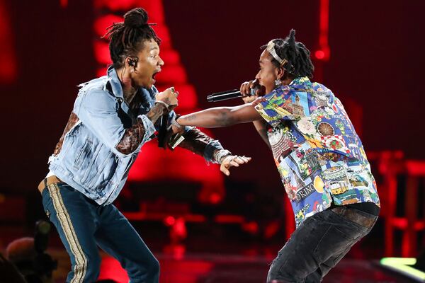 Swae Lee, left, and Slim Jxmmi of the group Rae Sremmurd perform at the 2018 iHeartRadio Music Festival Day 1 held at T-Mobile Arena on Friday, Sept. 21, 2018, in Las Vegas. (Photo by John Salangsang/Invision/AP)