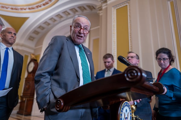 Senate Minority Leader Chuck Schumer, D-N.Y., speaks with reporters on Tuesday at the Capitol in Washington.