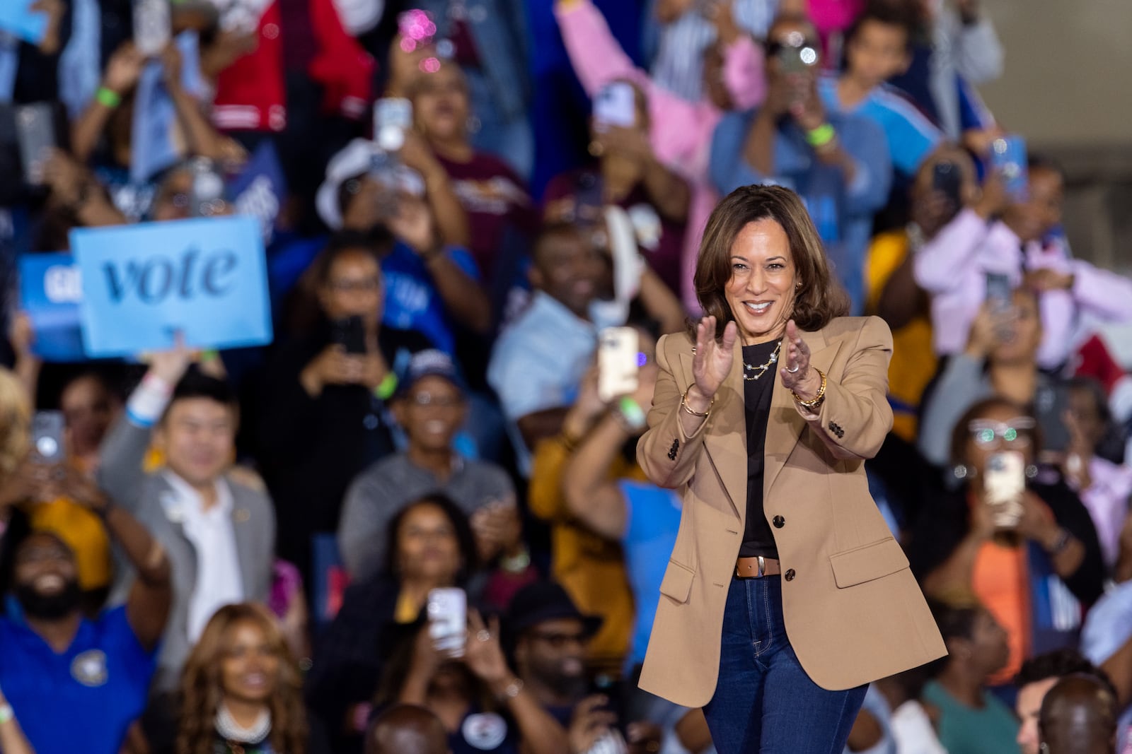 Democratic presidential candidate Kamala Harris speaks during her campaign rally at James R. Hallford Stadium in Clarkston on Thursday, October 24, 2024. (Arvin Temkar / AJC)