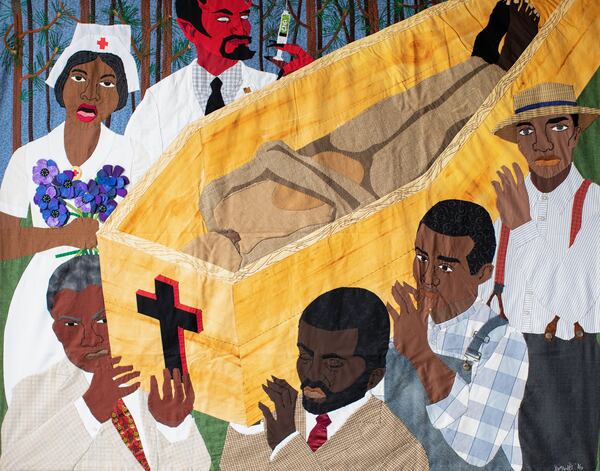 "Bad Blood" is one of the searing and difficult images in the racial justice quilts of Atlanta textile artist Dawn Williams Boyd. Boyd's show "Cloth Paintings," is now on view virtually at the Fort Gansevoort Gallery in New York City. Boyd believes its the role of the artist to comment on and reflect on past injustices. Courtesy of Ron Witherspoon