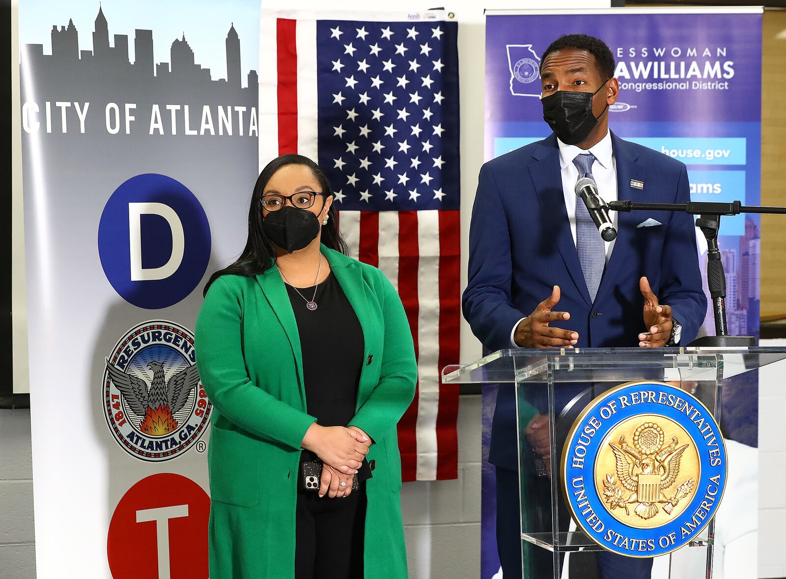 012722 Atlanta:  Atlanta Mayor Andre Dickens and Congresswoman Nikema Williams take questions during a tour of the ATLDOT North Avenue facility and a press briefing on how the Infrastructure Investment and Jobs Act will invest in Atlanta’s infrastructure on Thursday, Jan. 27, 2022, in Atlanta.   “Curtis Compton / Curtis.Compton@ajc.com”`