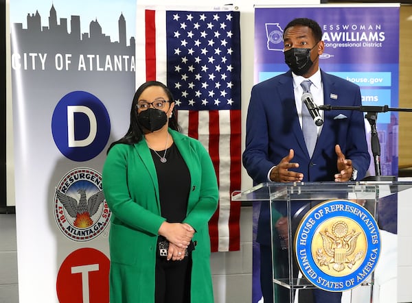 Atlanta Mayor Andre Dickens and Congresswoman Nikema Williams take questions during a tour of the ATLDOT North Avenue facility. (Curtis Compton / Curtis.Compton@ajc.com)