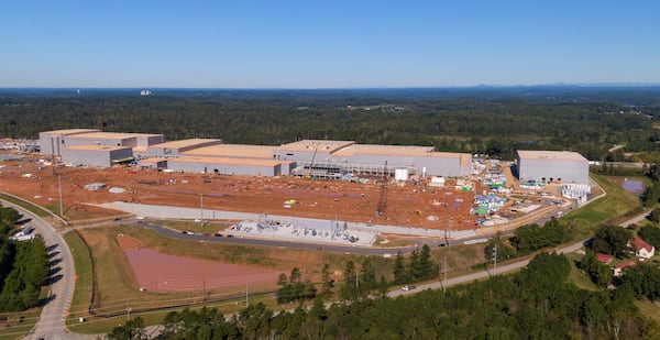 Aerial photo shows SK Innovation's $2.6 billion construction site in Commerce on Wednesday, September 30, 2020. The 2.4 million-square-foot plant, located next to Interstate 85 in Jackson County, could eventually employ up to 2,600 workers. Georgia gave SK one of the biggest incentive packages in state history to locate there, including $300 million in grants, tax breaks and free land. (Hyosub Shin / Hyosub.Shin@ajc.com)