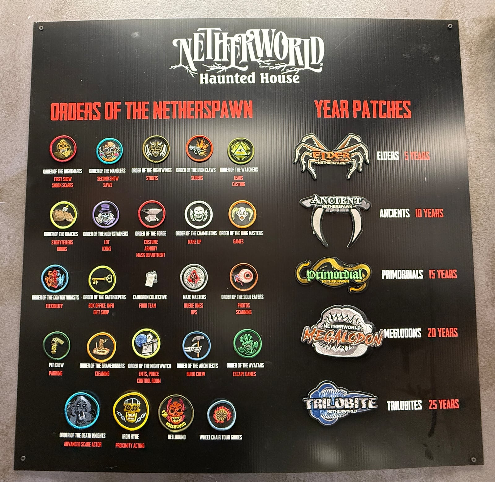 The actors and staff at Netherworld earn patches for their "Netherspawn Jackets" when they hit milestones in their fear craft. Photo by Danielle Charbonneau