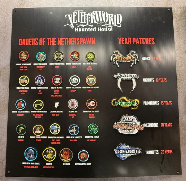 The actors and staff at Netherworld earn patches for their "Netherspawn Jackets" when they hit milestones in their fear craft. Photo by Danielle Charbonneau