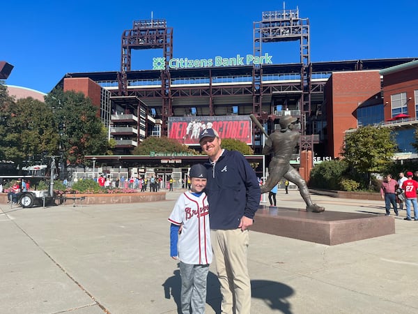 Braves supporters Jackson and Whit Pipkin traveled from Enterprise, Ala. to support the Braves in Game 3 of the National League Division Series against the Phillies on Wednesday at Citizens Bank Park in Philadelphia.