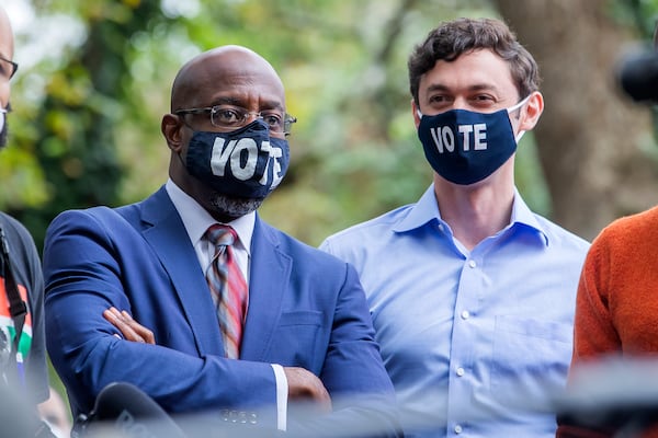 Democratic Georgia US Senate candidates Reverend Raphael Warnock (L) and Jon Ossoff (R) participate in a campaign event in Jonesboro, Georgia, on Oct. 27, 2020. Warnock is running against Republican Senator Kelly Loeffler and Ossoff is running against Republican Senator David Perdue. ERIK LESSER / EUROPEAN PRESSPHOTO AGENCY