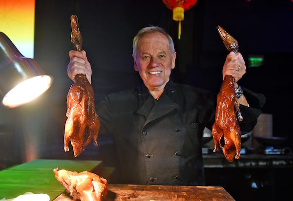 Wolfgang Puck prepares duck for the Super Bowl 53 Host Committee Party.