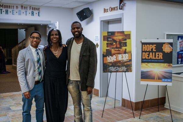 Producer Rashad Mubarak (from left), director Ri-Karlo Handy and Lucy Hall at the screening for “Hope Village” on June 13, 2019, at Marcus Jewish Community Center of Atlanta. Contributed by Kevin Ffrench.