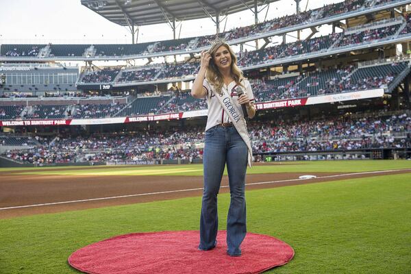 Miss Georgia 2018 Annie Jorgensen is introduced to a crowd gathered at SunTrust Park for the May 16 Braves game. Her successor will be chosen June 15. ALYSSA POINTER / ALYSSA.POINTER@AJC.COM