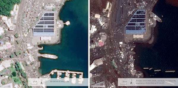 This undated satellite photo provided on Wednesday Dec. 18, 2024 by the Institut Geographique National (IGN), left, and the Centre National d'Etudes Spatiales (CNES) shows the port of Mamoudzou, before and after of the cyclone Chido in the Indian Ocean French territory of Mayotte. (IGN/CNES distributed by Airbus DS via AP)