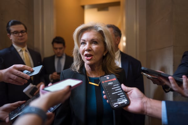 Sen. Marsha Blackburn, R-Tenn., a member of the Senate Judiciary Committee, comments to reporters after meeting in private with former Rep. Matt Gaetz, R-Fla., President-elect Donald Trump's nominee to be attorney general, at the Capitol in Washington, Wednesday, Nov. 20, 2024. (AP Photo/J. Scott Applewhite)