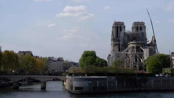 A general view of Notre-Dame de Paris Cathedral on April 17, 2019, in Paris, France. A fire broke out in April and quickly spread across the building, causing the famous spire to collapse. Church officials expect to hold the first mass inside the cathedral since the fire this weekend.