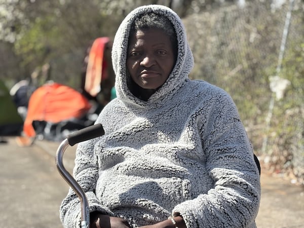 Lolita Griffeth at the Old Wheat Street encampment on March 8, 2025 in the Sweet Auburn neighborhood where her boyfriend Cornelius Taylor was killed in January. Photo by Matt Reynolds/AJC, 2025