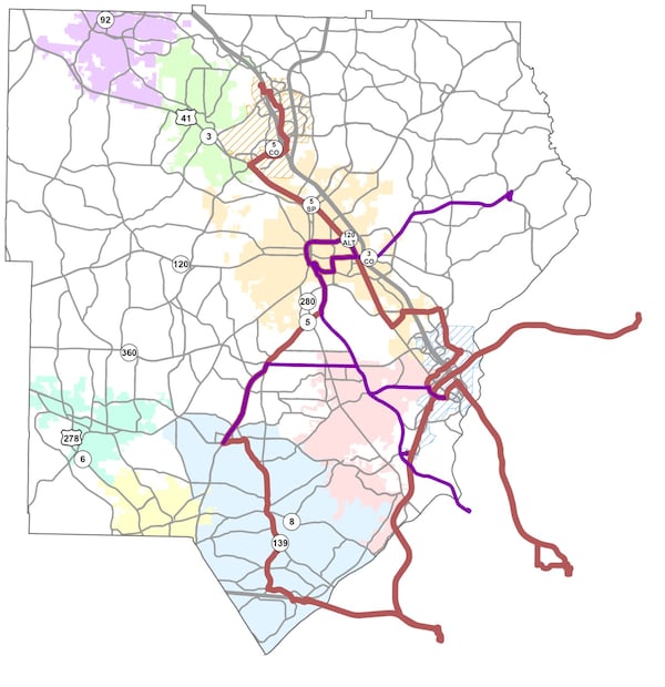 This map shows the proposed high-capacity transit routes, including bus rapid transit and arterial rapid transit, under a 30-year M-SPLOST program. The board has not decided which plan to put before voters in 2024. Cobb County