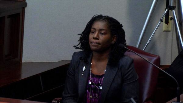 Regina Malloy, a Home Depot corporate employee, testifies during the Justin Ross Harris murder trial, at the Glynn County Courthouse in Brunswick, Ga., on Monday, Oct. 17, 2016. (screen capture via WSB-TV)