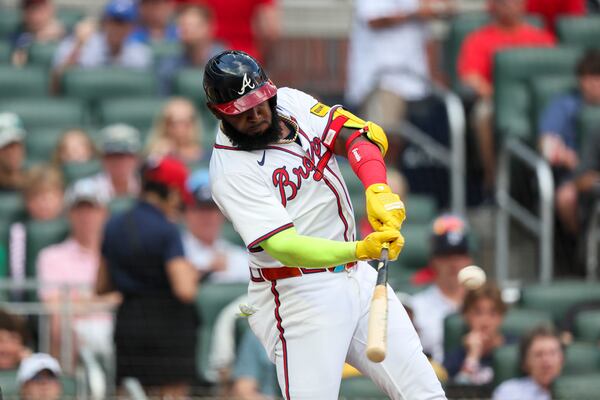 Atlanta Braves designated hitter Marcell Ozuna hits a double during the first inning against the Detroit Tigers at Truist Park, Monday, June 17, 2024, in Atlanta. (Jason Getz / AJC)
