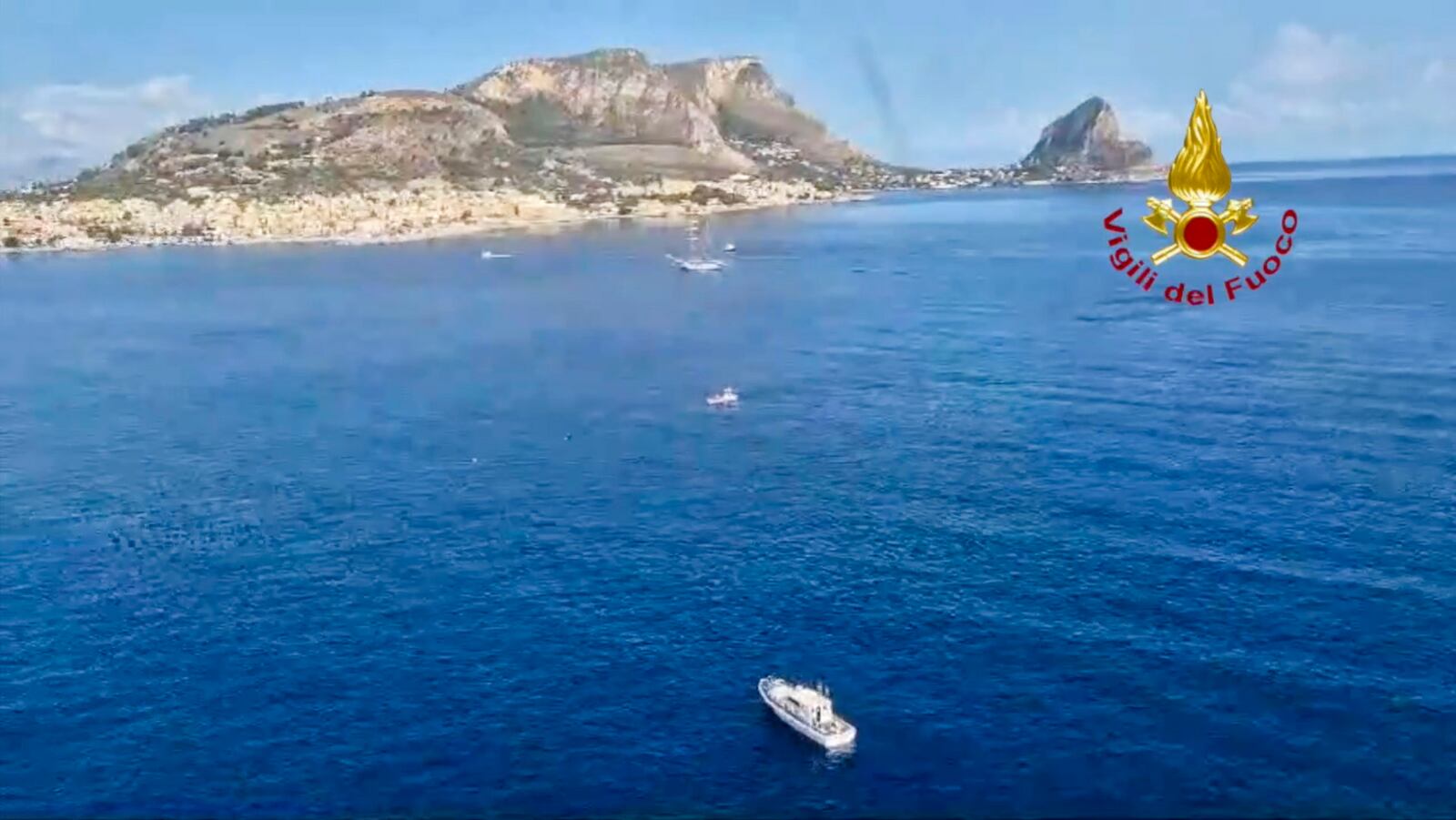 This picture taken from video released by the Italian Firefighters on Monday, Aug. 19, 2024, show the stretch of Sea near Palermo, Sicily, in southern Italy, where the sail yacht Bayasian under UK flag sank early Monday. (Vigili del Fuoco via AP, HO)