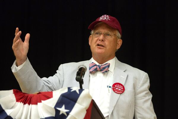 Former Roswell Mayor Jere Wood talks at the 6th Congressional District BBQ Roundup in Roswell. STEVE SCHAEFER / SPECIAL TO THE AJC