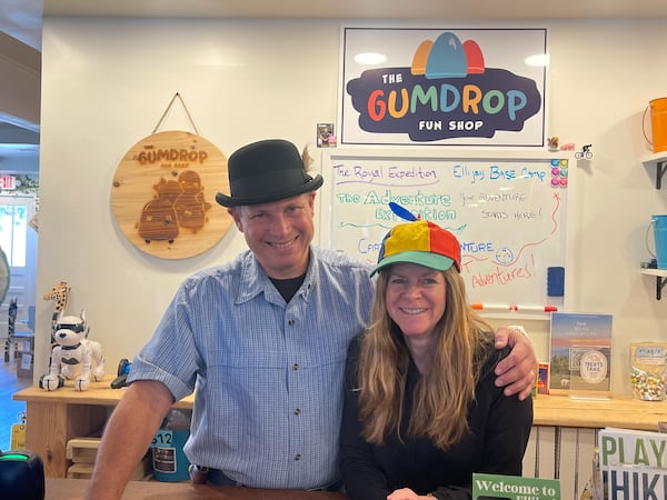 Larry and Laura Lea Alonso at the counter of their toy store, the Gumdrop Fun Shop. The couple bought the shop, in downtown Ellijay, in November. Photos contributed by the Gumdrop Fun Shop