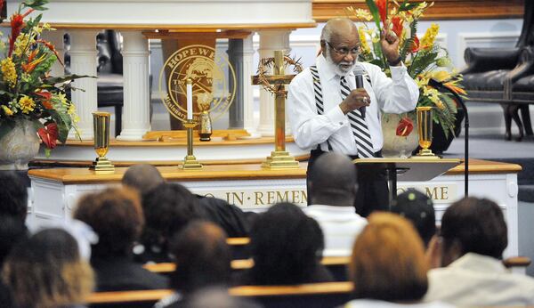 JUNE 26, 2015 NORCROSS Bishop William Sheals, senior pastor of Hopewell Missionary Baptist Church, speaks during a town hall meeting against gay marriage in Norcross, Friday, June 26, 2015. In a 5-4 ruling, the U.S. Supreme Court ruled Friday that the Constitution requires states to license same-sex marriage and to recognize same-sex marriages lawfully performed elsewhere. KENT D. JOHNSON /KDJOHNSON@AJC.COM