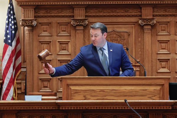 Lt. Gov. Burt Jones hits the gavel in Senate chambers on day 8 of the legislative session on Wednesday, Jan. 24, 2024. (Natrice Miller/Natrice.miller@ajc.com)