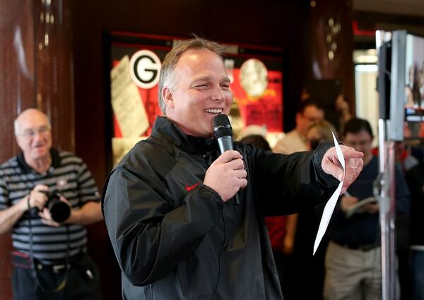 Georgia football coach Mark Richt answers questions from fans about Georgia's recruiting class on national signing day Wednesday, Feb. 5, 2014, in Athens, Ga. (AP Photo/Jason Getz) An energetic Mark Richt meets his constituency. (Jason Getz/AP)