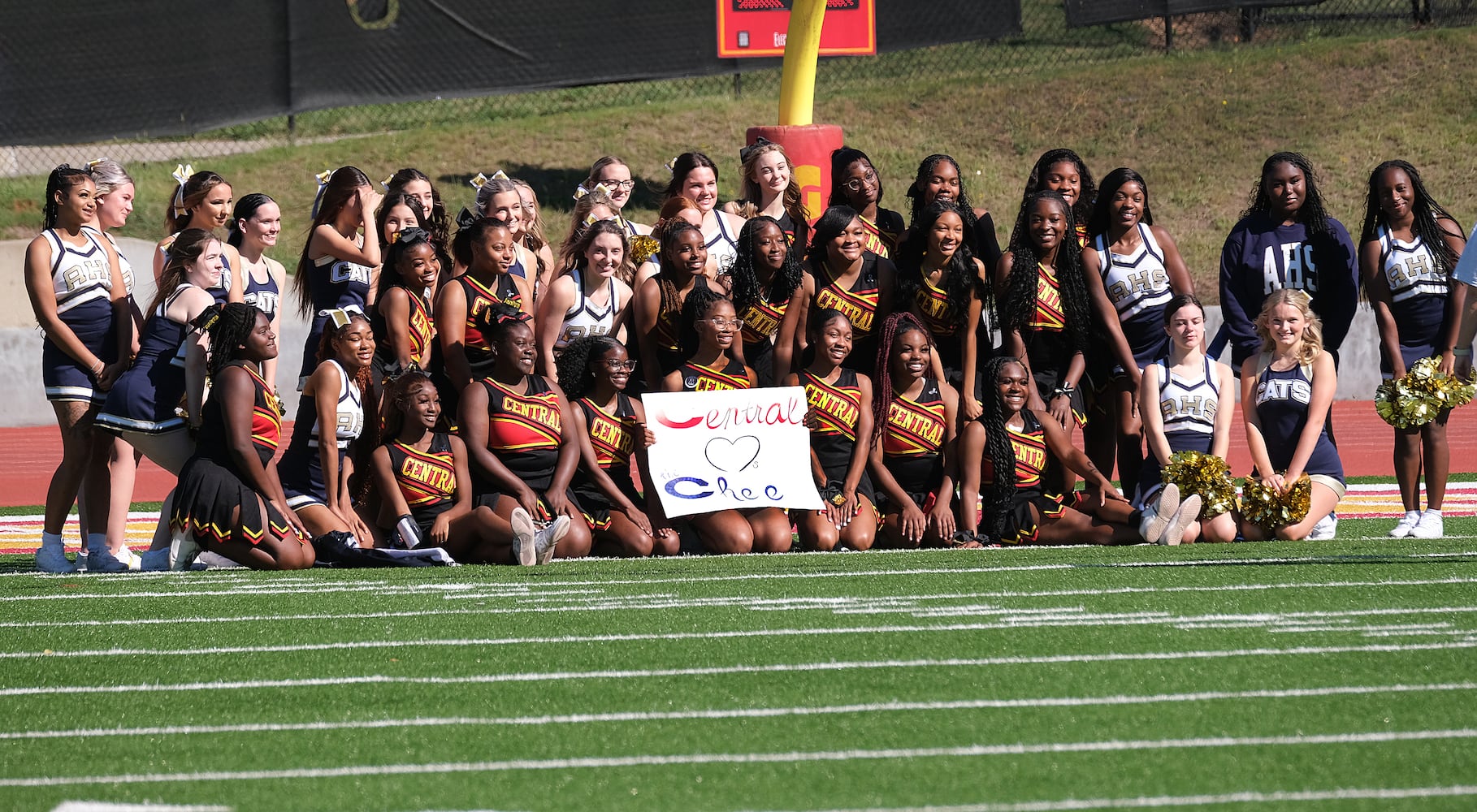 The Clarke Central and Apalachee cheer squads get together for a group photo before the game.
Apalachee High School returned to the field against Athens Clarke Central Saturday September 28, 2024 in their first game since the school schooting earlier in the month.

 Nell Carroll for the Journal Constitution