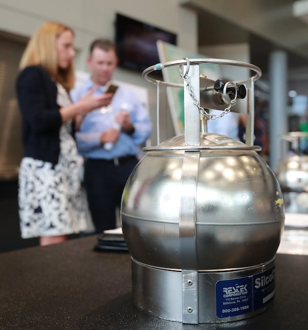 August 19, 2019 Marietta: A summa canister used to collect air samples sits on a table at the EPA & EPD booth as Cobb officials and environmental regulators hold a town hall and community forum in the wake of reports that Cobb and Fulton have high levels of carcinogenic gas on Monday, August 19, 2019, in Marietta. A user and emitter of the gas, Sterigenics, which sterilizes medical equipment, operates in the area.  Curtis Compton/ccompton@ajc.com