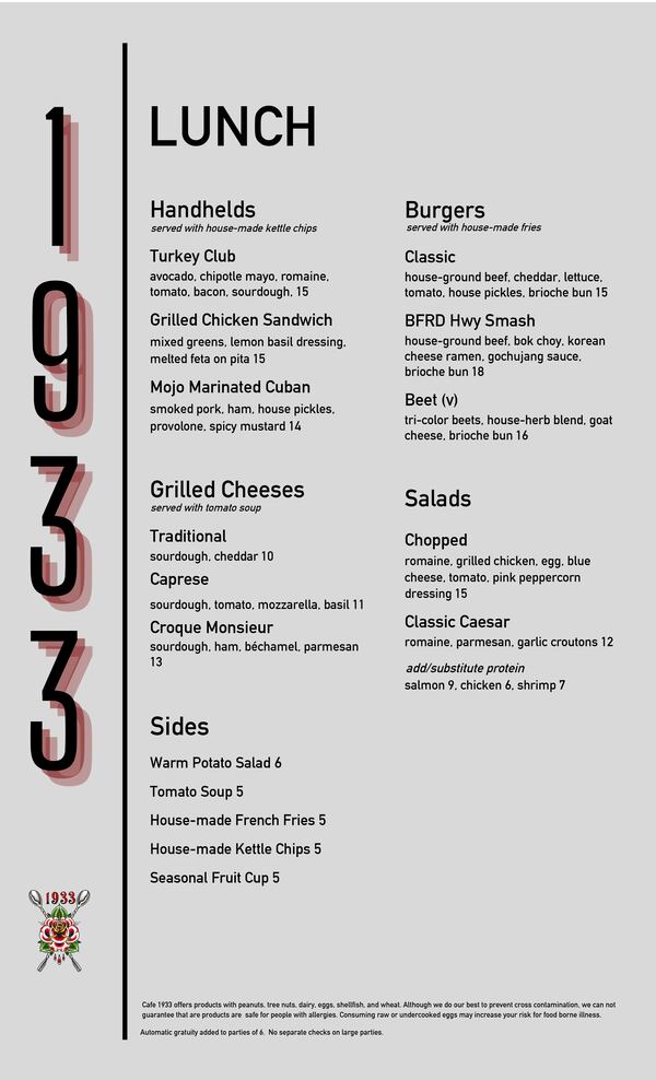 The menu from Cafe 1933.