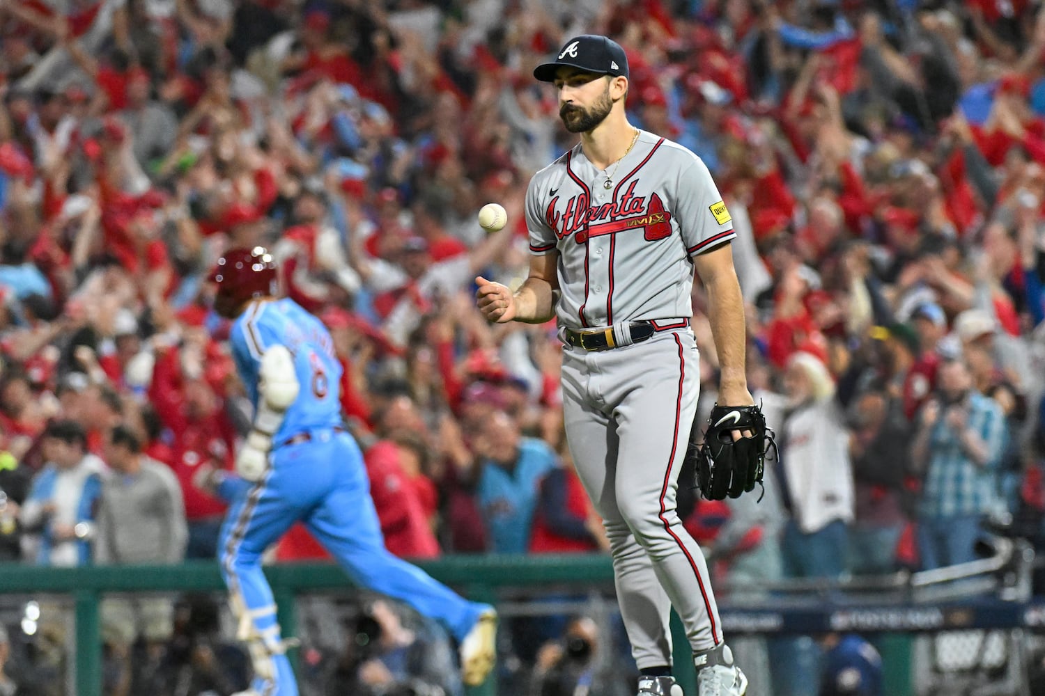 Philadelphia Phillies’ Nick Castellanos (8) rounds first base after a solo home run against Atlanta Braves starting pitcher Spencer Strider during the sixth inning of NLDS Game 4 at Citizens Bank Park in Philadelphia on Thursday, Oct. 12, 2023.   (Hyosub Shin / Hyosub.Shin@ajc.com)