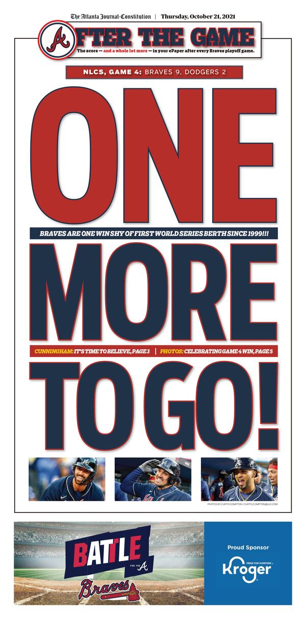 ‘One More to Go!’ – Atlanta Braves game section in today’s ePaper