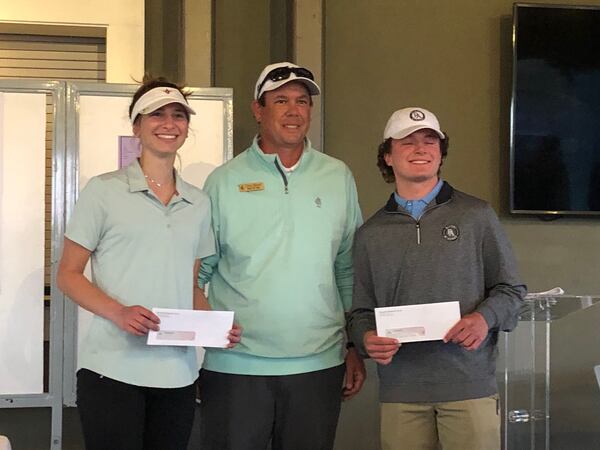 McKensey Kaseta of Walton (L) and Ben Harrison of Rivers Academy earned Sportsmanship Scholarships in honor of Bobby Jones at the 2021 High School Invitational at the Atlanta Athletic Club. They received the awards from Athletic Club PGA Professional Chris Moore, the tournament director.