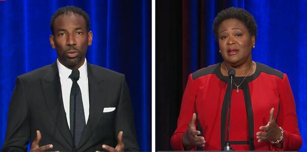 Atlanta mayoral candidates Andre Dickens and Felicia Moore at a runoff debate on Tuesday, Nov. 16, 2021.