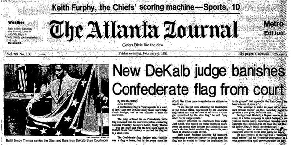 The front page of The Atlanta Journal from Feb. 6, 1981, a day after then-DeKalb County State Court Judge Clarence Seeliger ordered bailiff Nesby Thomas to remove a Confederate flag from his courtroom. ARCHIVES