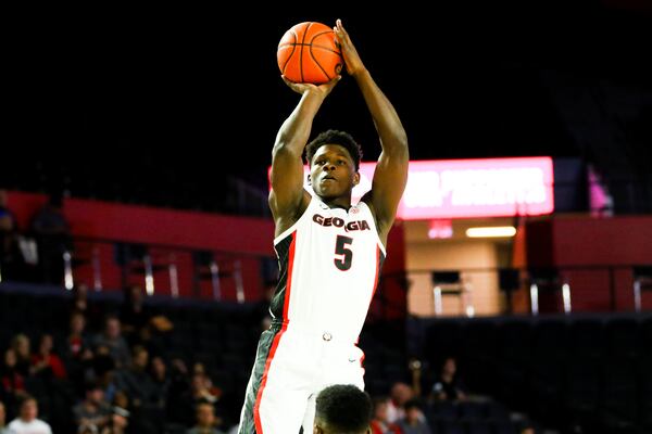 Anthony Edwards (5) shoots during an exhibition game against Valdosta State in Stegeman Coliseum in Athens, Ga., on Friday, Oct. 18, 2019. (Photo by Tony Walsh)