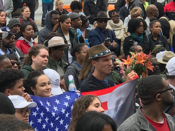 Demonstrators at Liberty Plaza, across from the State Capitol. The March for Humanity on Monday made its way from the Historic Ebenezer Baptist Church to the Capitol. (Rosalind Bentley / rbentley@ajc.com)