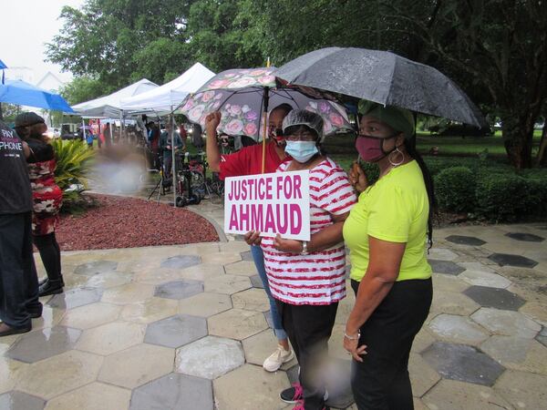 Joy Graves, Shirley Benson and Patricia Fields from Waycross have showed up outside the Glynn County Courthouse in support of Arbery. Graves: "We're just here for justice — Ahmaud could have been one of our sons."