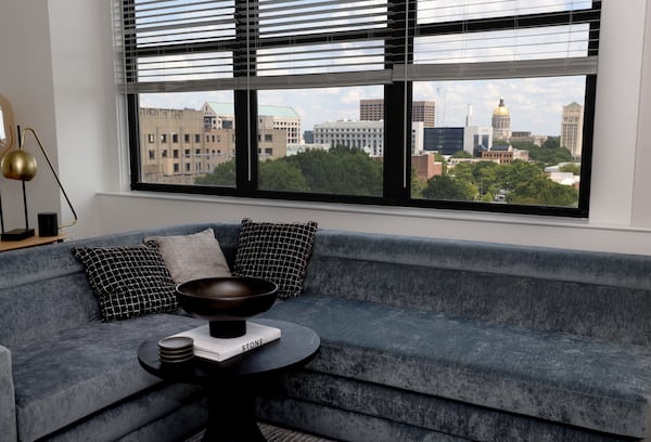 080522 Atlanta, Ga.: A one-bedroom apartment is shown with a few of the state capitol the Lofts at Centennial Yards Atlanta, Friday, August 5, 2022, in Atlanta. Centennial Yards is formerly known as the Norfolk Southern Railways office building dating back one-hundred years. (Jason Getz / Jason.Getz@ajc.com)