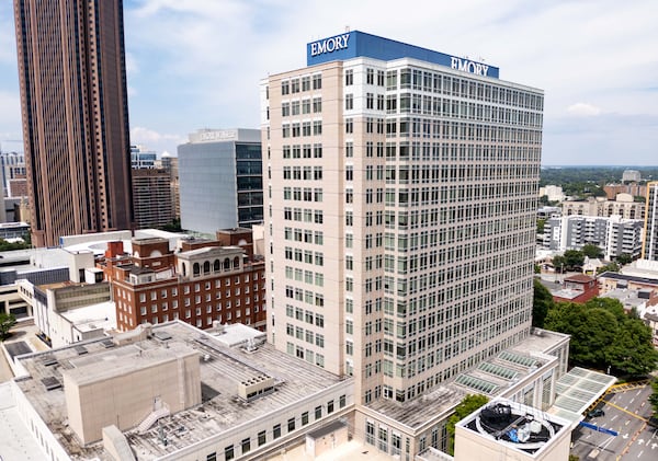 An aerial view of Emory University Hospital Midtown in Atlanta pictured on Sunday, June 30, 2024. (Seeger Gray / AJC)