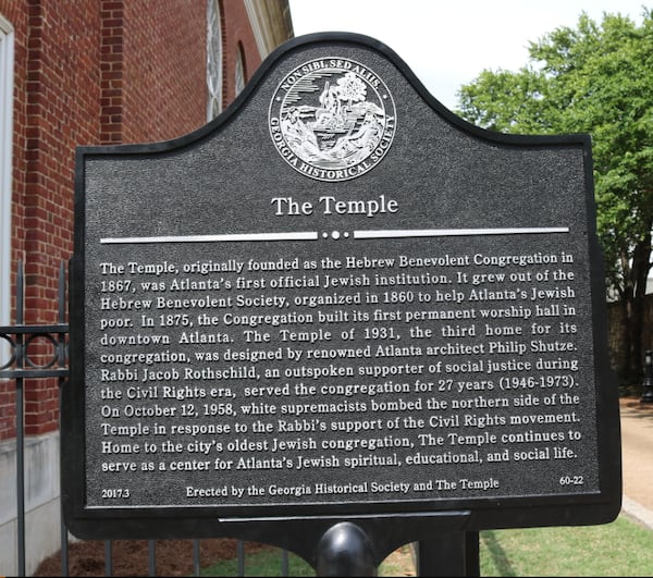 Historic marker outside The Temple on Atlanta's Peachtree Street. (Georgia Historical Society photo)