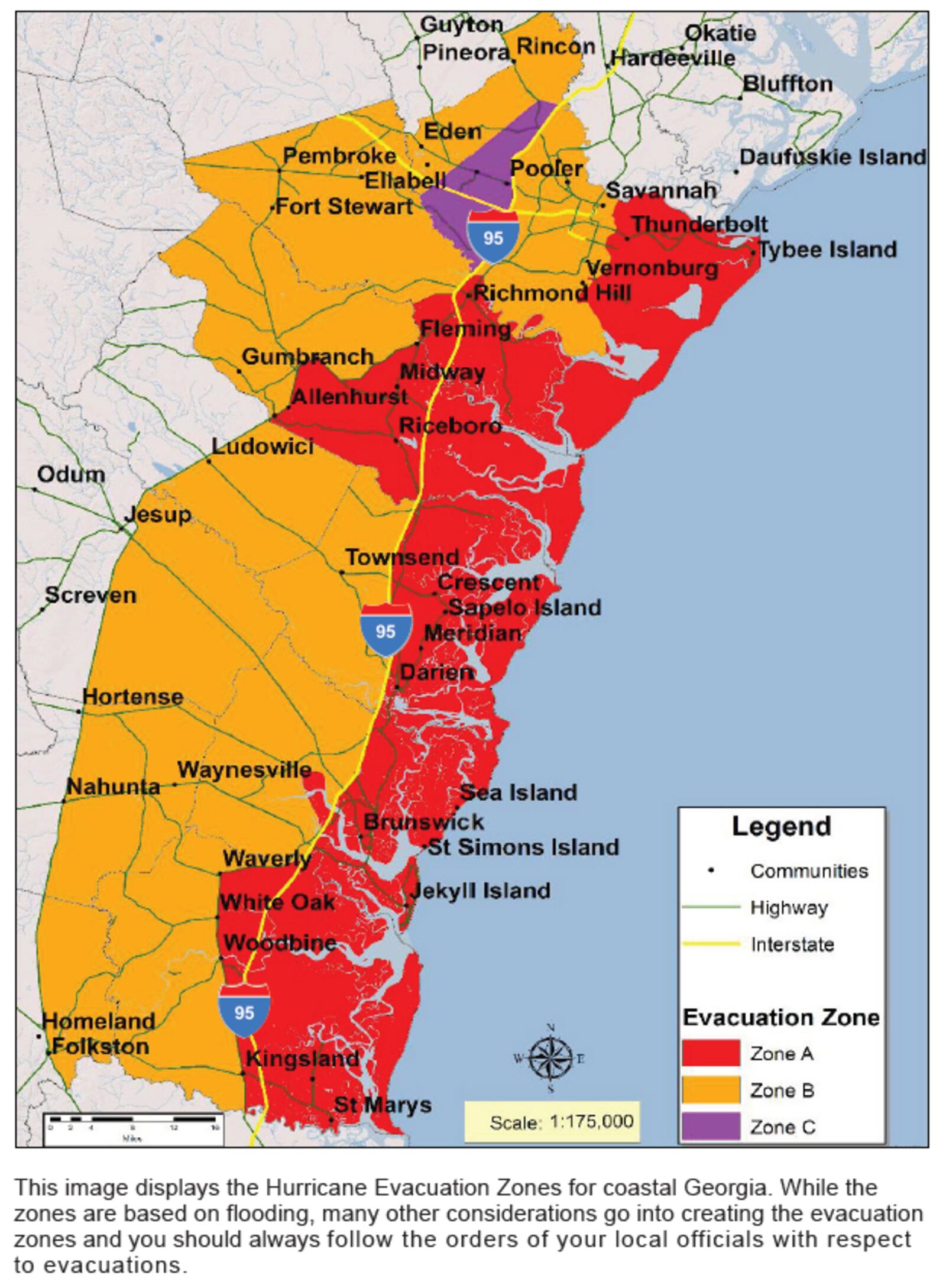 Here are the Hurricane Evacuation Zones for the Georgia coast. Source: Georgia Hurricane Guide.