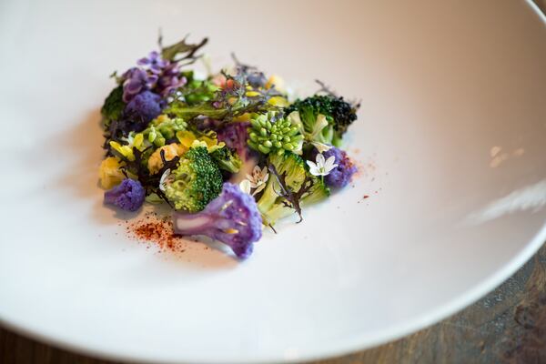  Brassicas with buckwheat, koji, cashew, mustard frills, and espellette. Photo credit- Mia Yakel.