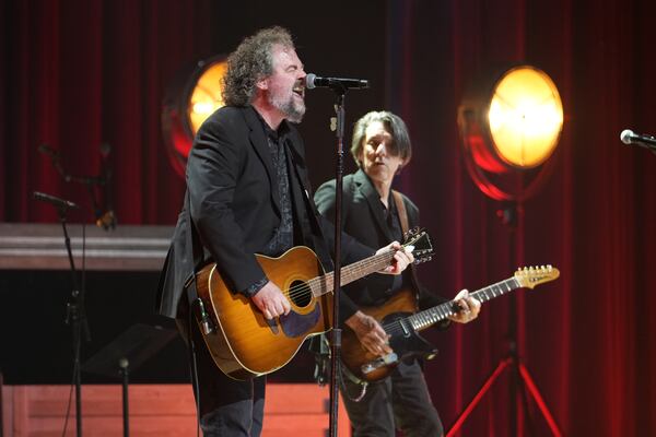 Drive-By Truckers leaders Patterson Hood (left) and Mike Cooley perform during “Jimmy Carter 100: A Celebration in Song” at the Fox Theatre in September. (Michael A. Schwarz/The Carter Center)