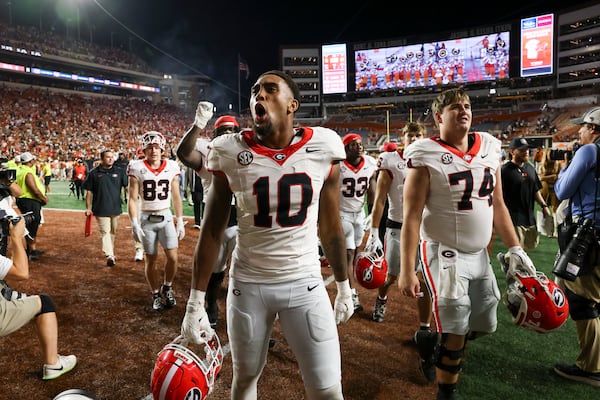 Georgia linebacker Damon Wilson II (10) celebrates their 30-15 win against Texas at Darrel K Royal Texas Memorial Stadium, Saturday, October 19, 2024, in Austin, Tx. (Jason Getz / AJC)

