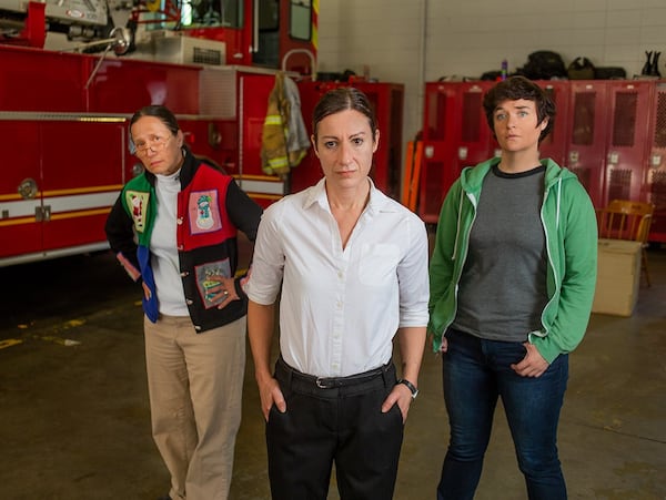 Daryl Lisa Fazio (center) wrote and co-stars (with Carolyn Cook, left, and Rhyn McLemore Saver) in the drama “Safety Net” at Theatrical Outfit. CONTRIBUTED BY JERRY SIEGEL